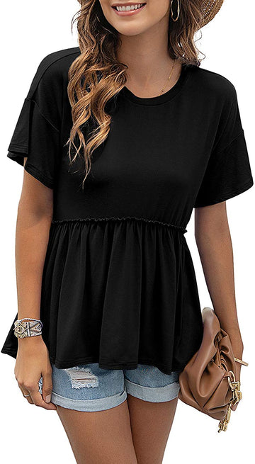 Women's Loose Ruffle Hem Short Sleeve High Low Peplum Blouse Top